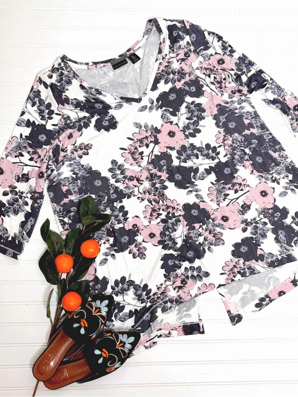 Tahari Floral V Neck Tunic Top